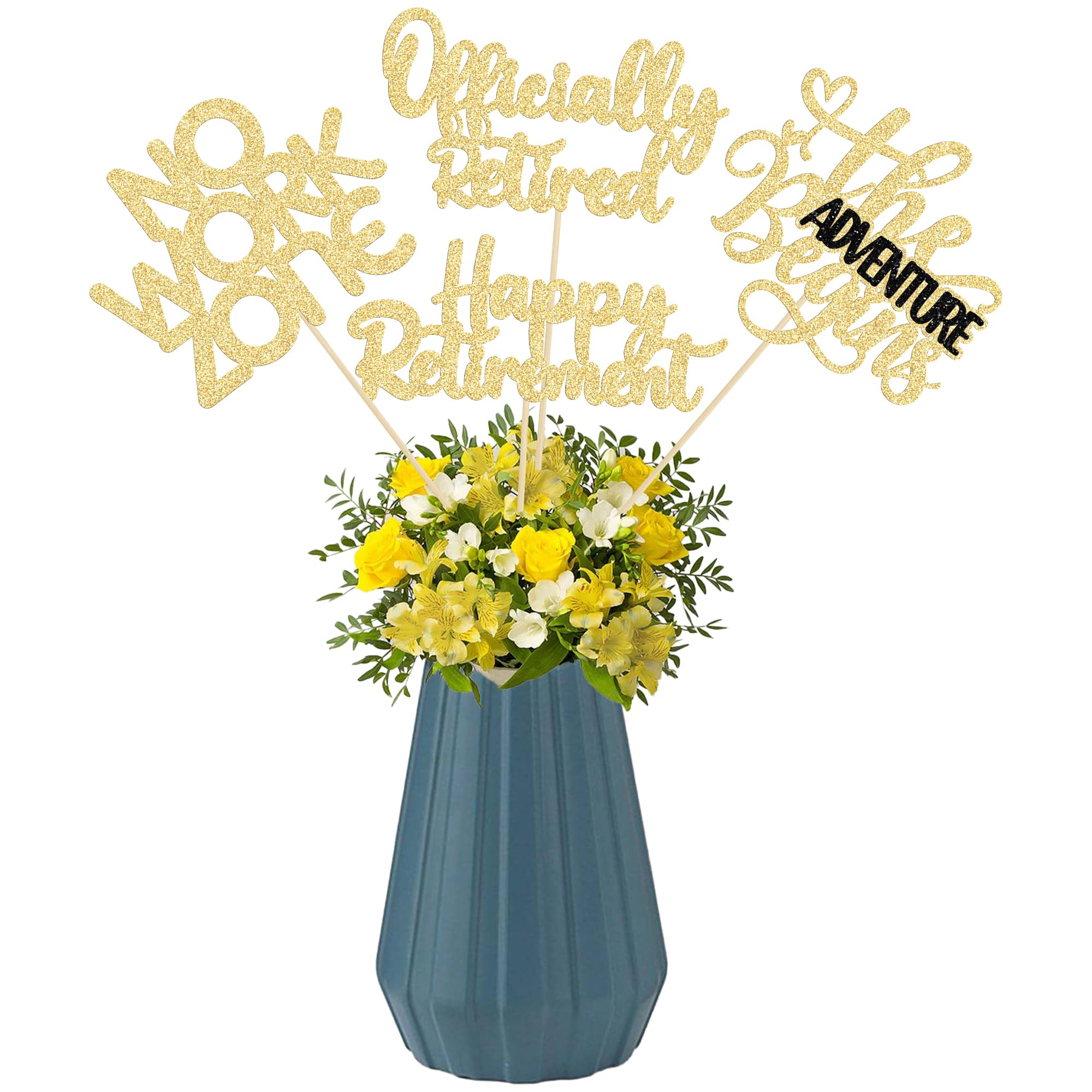Ephlyn 16Pcs Happy Retirement Centerpiece Sticks Officially Retired Table Flower Centerpieces Sticks No Work Zone Floral Decorations for Farewell Birthday Party Centerpieces Supplies Gold