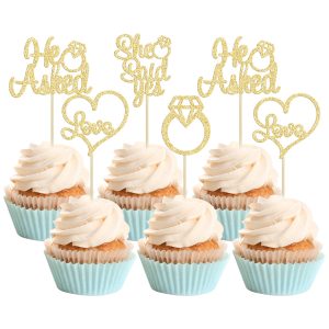 Gyufise He Asked She Said Yes Cupcake Toppers Gold Glitter Diamond Ring Heart Love Cake Picks for Wedding Engagement Party Cake Decorations 24 Pack