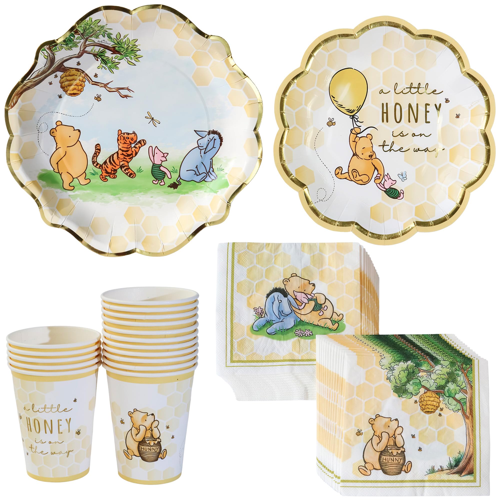 Kate Aspen Honey Bear 78-Piece Winnie Baby Shower Plates and Cups and Napkins Sets for 16 Guests, Classic Winnie Baby Shower Decorations Boy or Girl, Party Paper Plates & Party Supplies