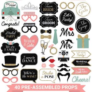 Fully Assembled Wedding Photo Booth Props - Set of 40 - Pink & Teal