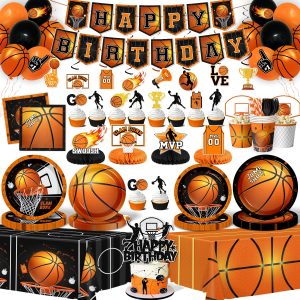 Basketball Party Decorations, 214Pcs Basketball Birthday Party Decorations Includes Plates,Napkins,Cups,Tablecloth,Banner,Hanging Swirls,Honeycomb,Balloons,Cake Topper for Sports Birthday Decorations