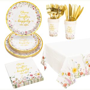 Crisky Bridal Shower Plates and Napkins Gold Cheers to Love Disposable Tableware Set of 24 for Engagement Bridal Shower Wedding Party Decorations (Plates, Napkin, Cups, Tablecloth, Knife & Fork)