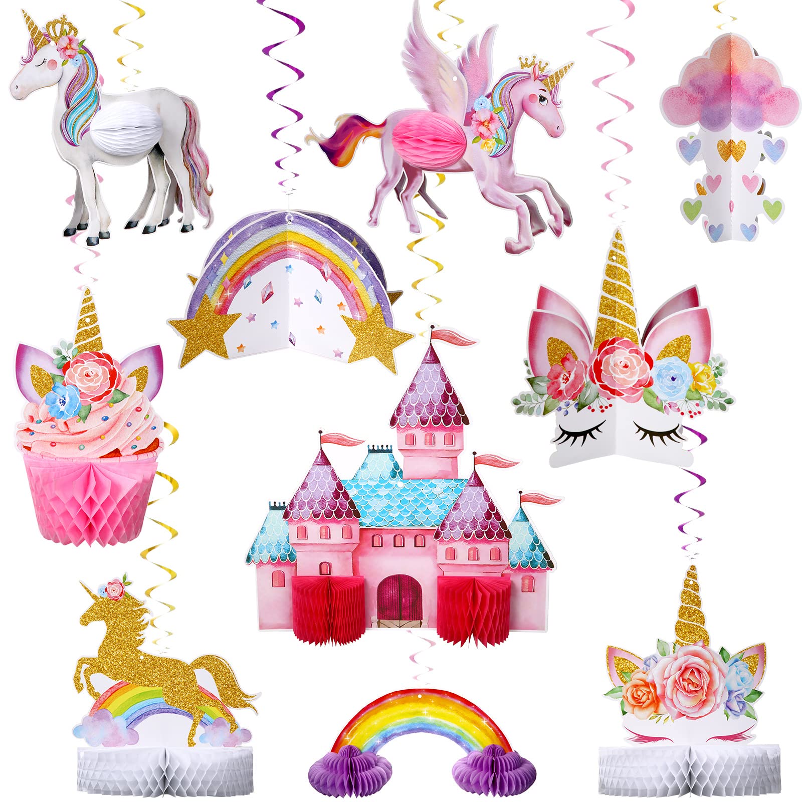 10 Pcs Unicorn Rainbow Centerpiece Unicorn Honeycomb Centerpiece Hanging Swirl Decorations for Table Shiny Topper for Girls Birthday Party Decorations Supplies