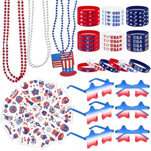 4th of July Accessories 136 PCS, Fourth of July Patriotic Party Favors Supplies Set with Star Sunglasses, Necklaces, Bracelets & Tattoos for Red White Blue Independence Memorial Day Parade Decorations