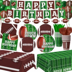 Football Birthday Party Decorations Includes Plates, Napkins, Cups, Banner, Balloons, Touchdown Tablecloth for Football Birthday & Tailgate Party Decorations, Serves 24