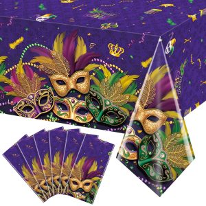 6 Pack Mardi Gras Tablecloth, Masquerade Dancing Table Decorations, Plastic Purple Table Cover Backdrop for Mardi Gras Carnival Party Supplies and Decors, 54 x 108 Inch