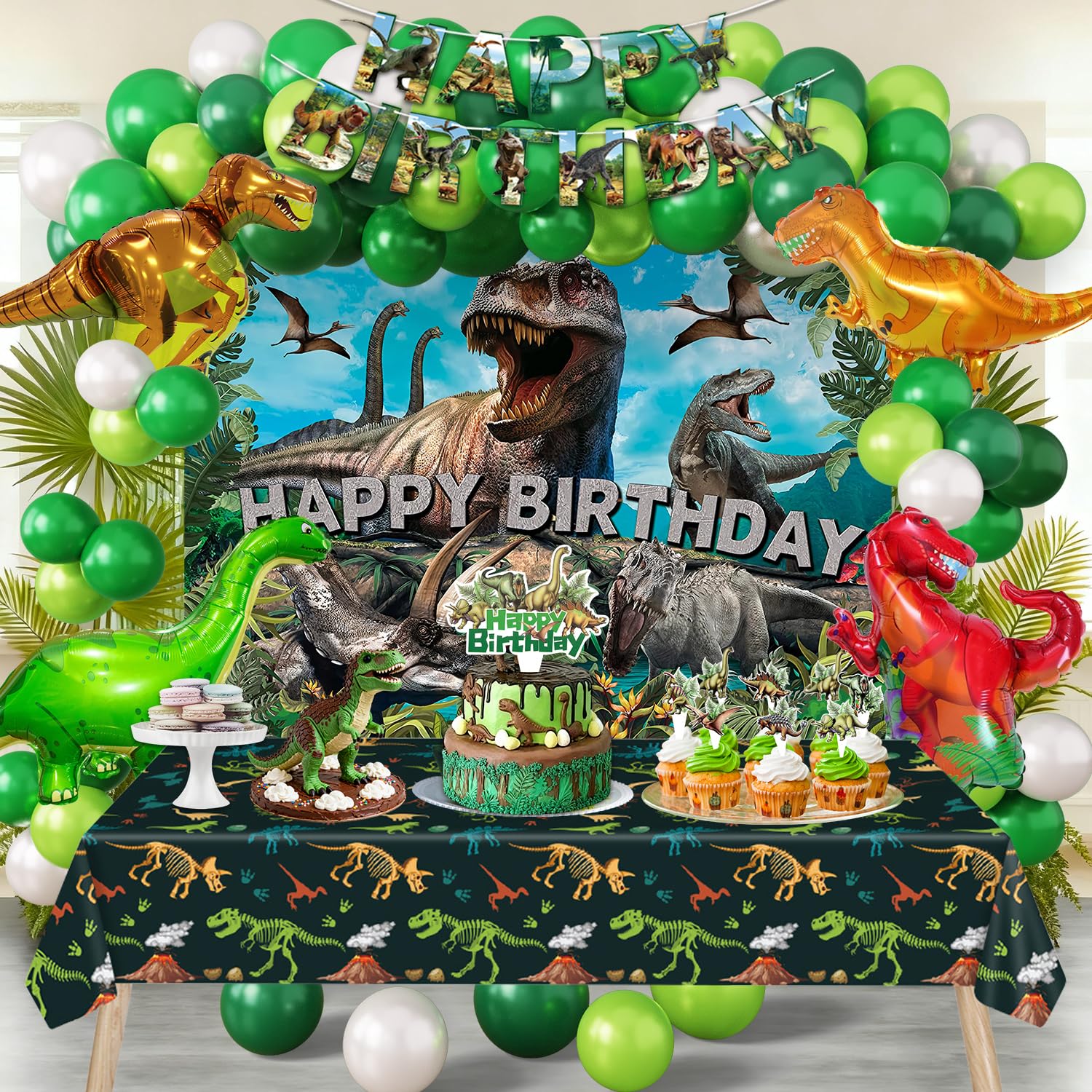 SPIGHTDEX Dinosaur Birthday Party Decorations Kit for Boys - Dino Party Supplies with Tablecloth, Banner, Backdrop, Cake Topper, Balloons & Stickers for Kids