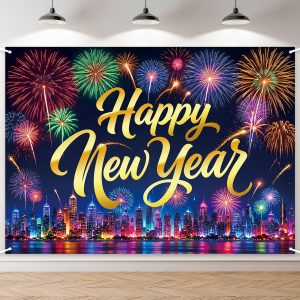 7 x 5 FT Happy New Year Backdrop – Colorful Fireworks City Skyline Photo Background Banner for New Years Eve Countdown Party Decorations Indoor Outdoor