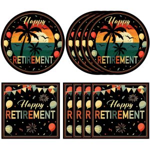 40Pcs Retirement Decorations for Men Women,Colorful Vintage Retirement Party Supplies Table Decor Disposable Retirement Party Plates and Napkins Set for Office Retired Farewell Decor, Serve 20