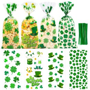 St. Patricks Cellophane Treat Bags – 50 Pack Green Shamrock Goodie Gift Bags with Twist Ties, 5×11 Inch Clear St. Patricks Candy Cookie Bags for St. Patrick Day Irish Party, Classroom, Holiday Favors