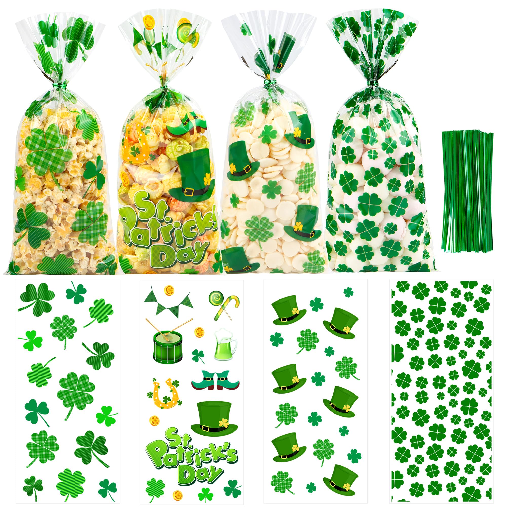 St. Patricks Cellophane Treat Bags – 50 Pack Green Shamrock Goodie Gift Bags with Twist Ties, 5×11 Inch Clear St. Patricks Candy Cookie Bags for St. Patrick Day Irish Party, Classroom, Holiday Favors