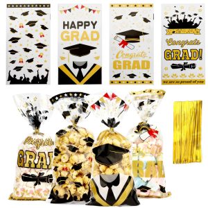 Leislam Graduation Treat Bags, Graduation Cellophane Treat Bags, 100 PCS Graduations Gift Bag, Plastic Clear Cello Candy Cookie Snack Goodies Bag with 100 Pcs Gold Ties for Graduations Party Favors Su