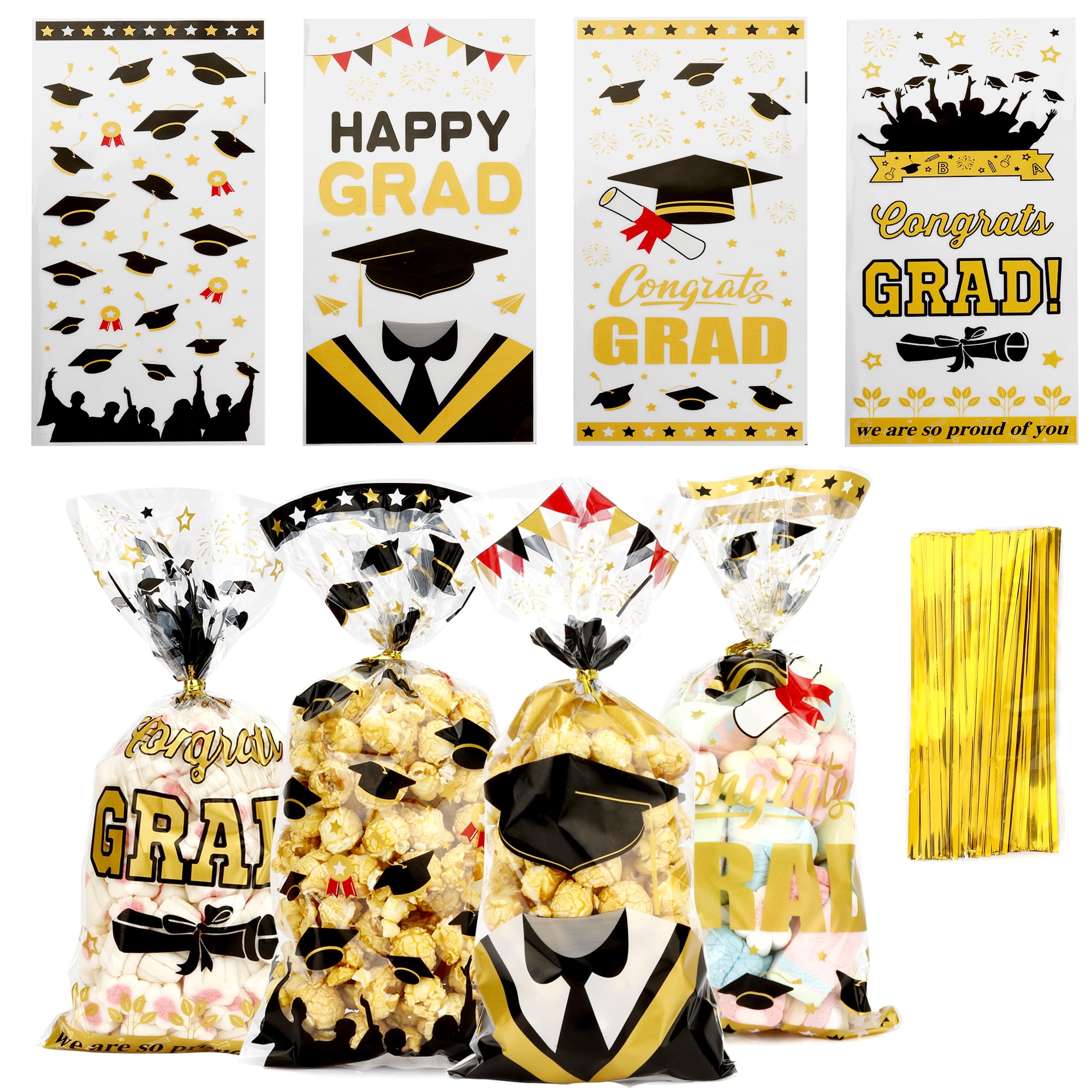 Leislam Graduation Treat Bags, Graduation Cellophane Treat Bags, 100 PCS Graduations Gift Bag, Plastic Clear Cello Candy Cookie Snack Goodies Bag with 100 Pcs Gold Ties for Graduations Party Favors Su