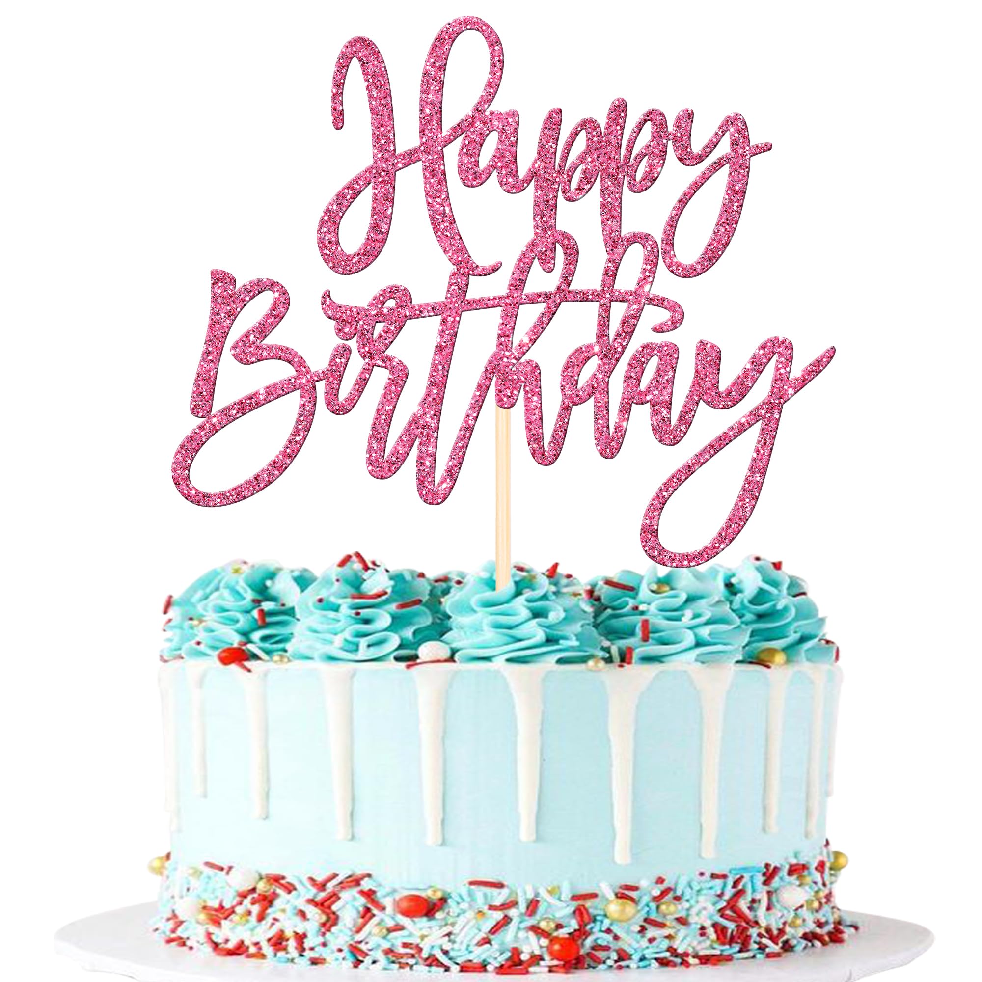 ZHUOWEISM 1 PCS Happy Birthday Cake Topper Glitter Happy Birthday Cake Pick for Celebrating Happy Birthday Anniversary Theme Party Cake Decorations Supplies Pink
