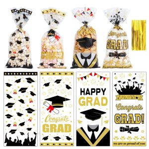 100Pcs Graduation Treat Bags Congrats Graduates Treat Bags Black Gold Cellophane Bags with Twist Ties Plastic Grad Goodie Bags 4 Styles Gift Bags Candy Bags for Graduation Party Favors Decorations