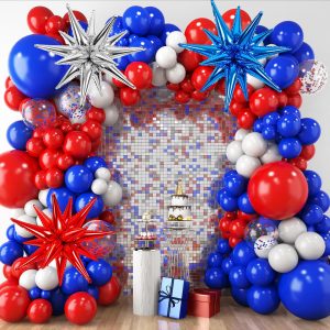 RUBFAC Red White and Blue Balloon Arch Kit, 4th of July Balloons Patriotic Decorations, Graduation Decorations Party Star Balloons for Soccer Nautical Baseball Theme Birthday Party, 140pcs