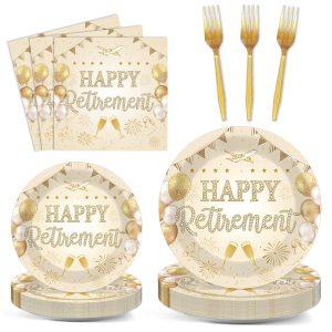 96Pcs Champagne Gold Retirement Party Decorations Gold Happy Retirement Paper Plates Napkins Golden Retired Disposable Tableware Dinnerware Set for Men Women Coworker Goodbye Going Away Serves 24 Gues