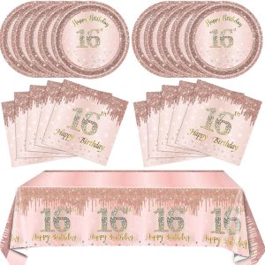 16th Birthday Decorations for Girls Rose Gold Sweet 16 Birthday Party Decoration for Her 16th Happy Birthday Plates and Napkins Tablecloth Decoration for Girls