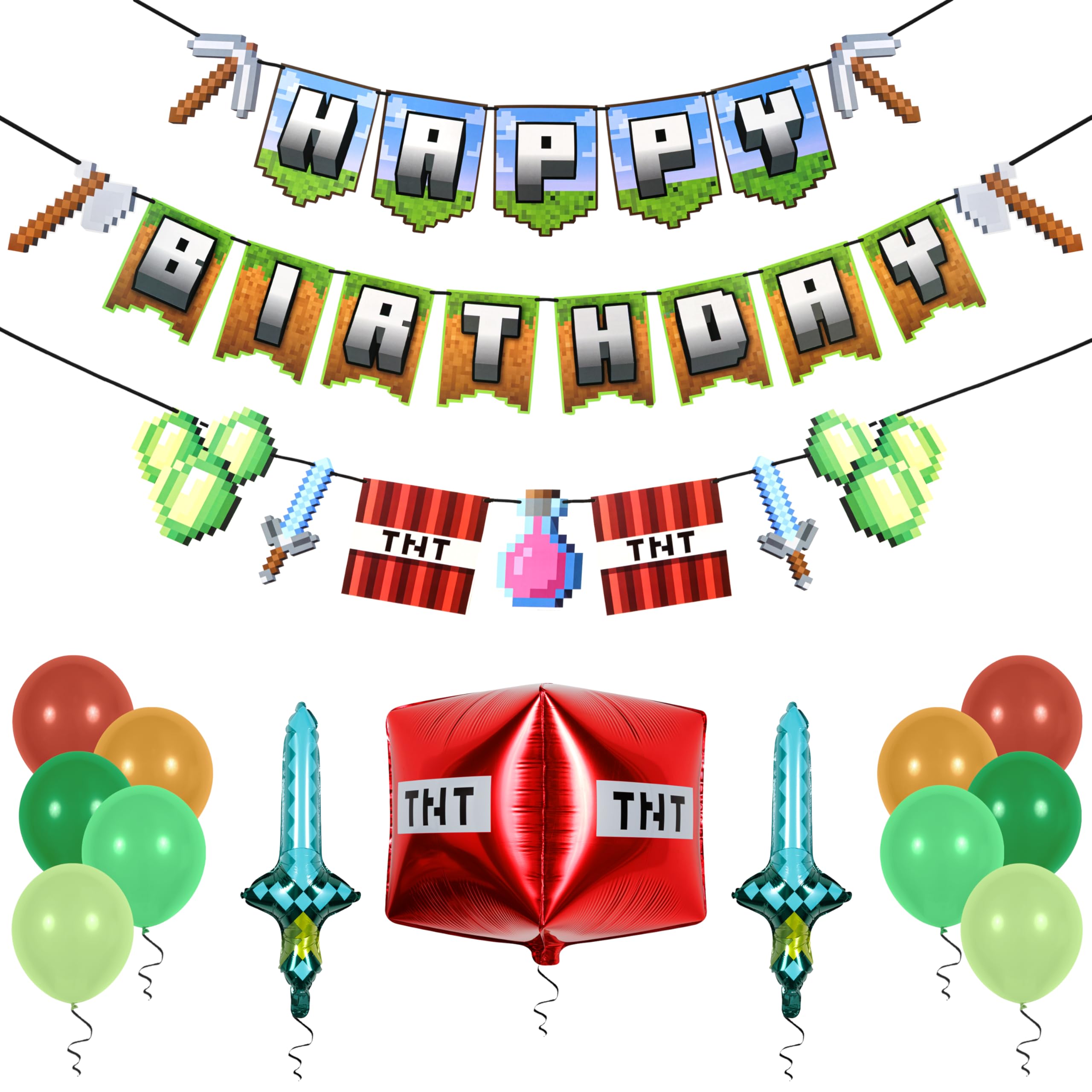 Pirese Pixel Birthday Decorations, Pixel Party Decorations, Birthday Banner