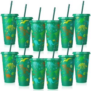 12 Pcs Plastic Cups with Lids and Straws 24 oz Dinosaur Cups Tumbler