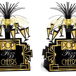 Beistle Pop Fizz Cheers Centerpieces – 2-Pack Art Deco Table Decorations in Black and Gold for Roaring Twenties Parties, New Year’s Eve Themes, Awards Night Celebrations & Elegant Event Décor, 13"