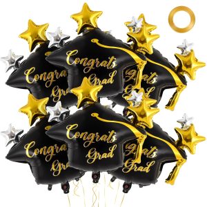 6 Pcs Graduation Cap Balloons, Large Academic Cap Shaped Black Mylar Graduation Foil Balloons, Grad Hat balloons for 2026 Graduation Party Decorations (Black Gold)