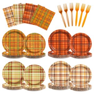 96Pcs Fall Birthday Party Supplies Autumn Orange Buffalo Plaid Checkered Plates and Napkins Sets Fall Thanksgiving Decorations for Autumn Harvest Picnic Outdoor Family Gathering Party Decor Serves 24