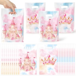 K1tpde 50PCS Watercolor Princess Party Favor Bags, Pink Princess Castle Theme Plastic Goodie Gift Bags Bulk with Handle for Girl, Watercolor Pastel Castle Fairytale Party Decorations Birthday Supplies