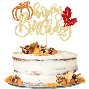1Pc Maple Leaf Happy Birthday Cake Topper Glitter Fall Autumn Harvest Pumpkin Birthday Cake Pick Decorations for Thanksgiving Day Theme Birthday Party Cake Decorations Supplies