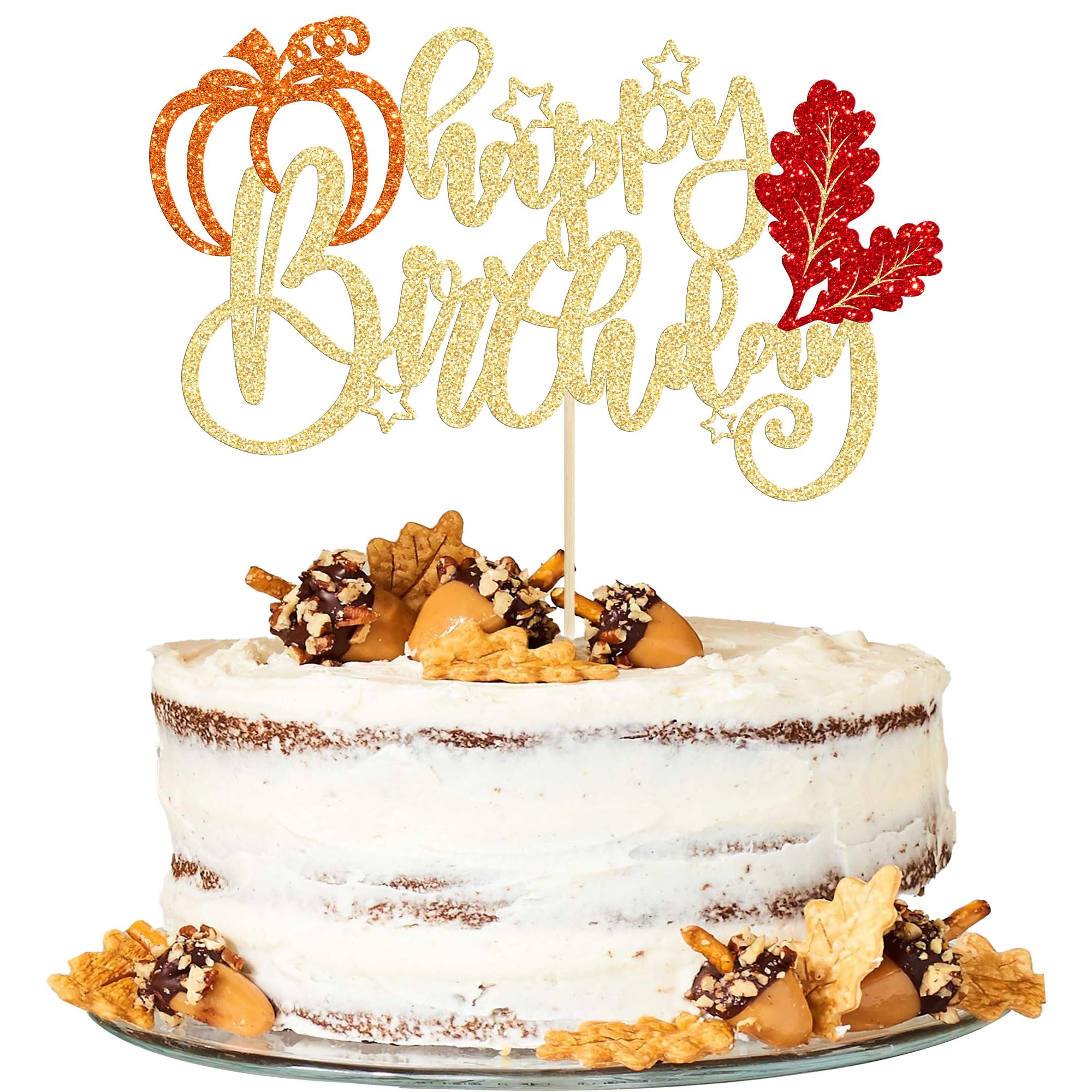 1Pc Maple Leaf Happy Birthday Cake Topper Glitter Fall Autumn Harvest Pumpkin Birthday Cake Pick Decorations for Thanksgiving Day Theme Birthday Party Cake Decorations Supplies