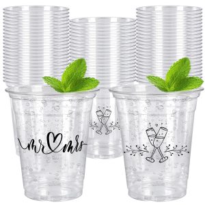 Whaline 50 Pcs Mr and Mrs 12 Oz Plastic Wedding Cups Clear Engagement Disposable Drinking Cup for Bridal Shower Coffee Juice Drink Decorations Wedding Theme Party Supplies
