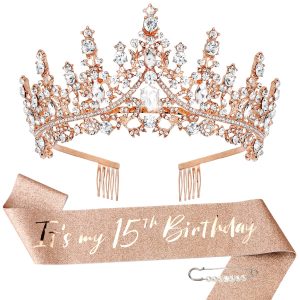 TOBATOBA 15th Birthday Decorations - Rose Gold Sash & Tiara for Quinceanera Party Favor Supplies