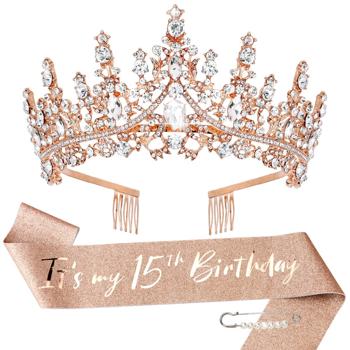 TOBATOBA 15th Birthday Decorations - Rose Gold Sash & Tiara for Quinceanera Party Favor Supplies