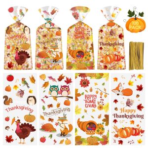 Litmitfu 100 Pcs Happy Thanksgiving Treat Bags - Plastic Fall Thanksgiving Gift Bags, Clear Autumn Goodie Candy Favor Cellophane Bag with Gold Twist Ties for Thanksgivings Party Favors Supplies