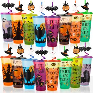 VoziSpace Halloween Decorations Color Changing Reusable Cups with Lids and Straws - 16 Pack 24 oz Halloween Party Cups, Dishwasher Safe Halloween Cold Drink Plastic Tumbler Bulk