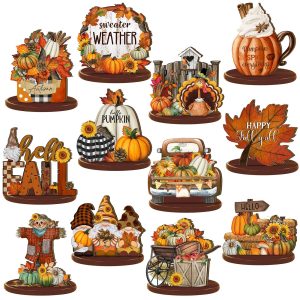 Leinuosen 12 Pcs Thanksgiving Table Decor, Fall Wooden Pumpkin Turkey Signs