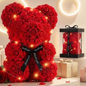 Otlonpe Preserved Artificial Roses Flowers Bear, Forever Women Gifts for Birthday Christmas Valentines Mothers Day, 9'' Red Rose Flower Small Bear Lamp in Box, Gifts for Women Mom Grandma Daughter