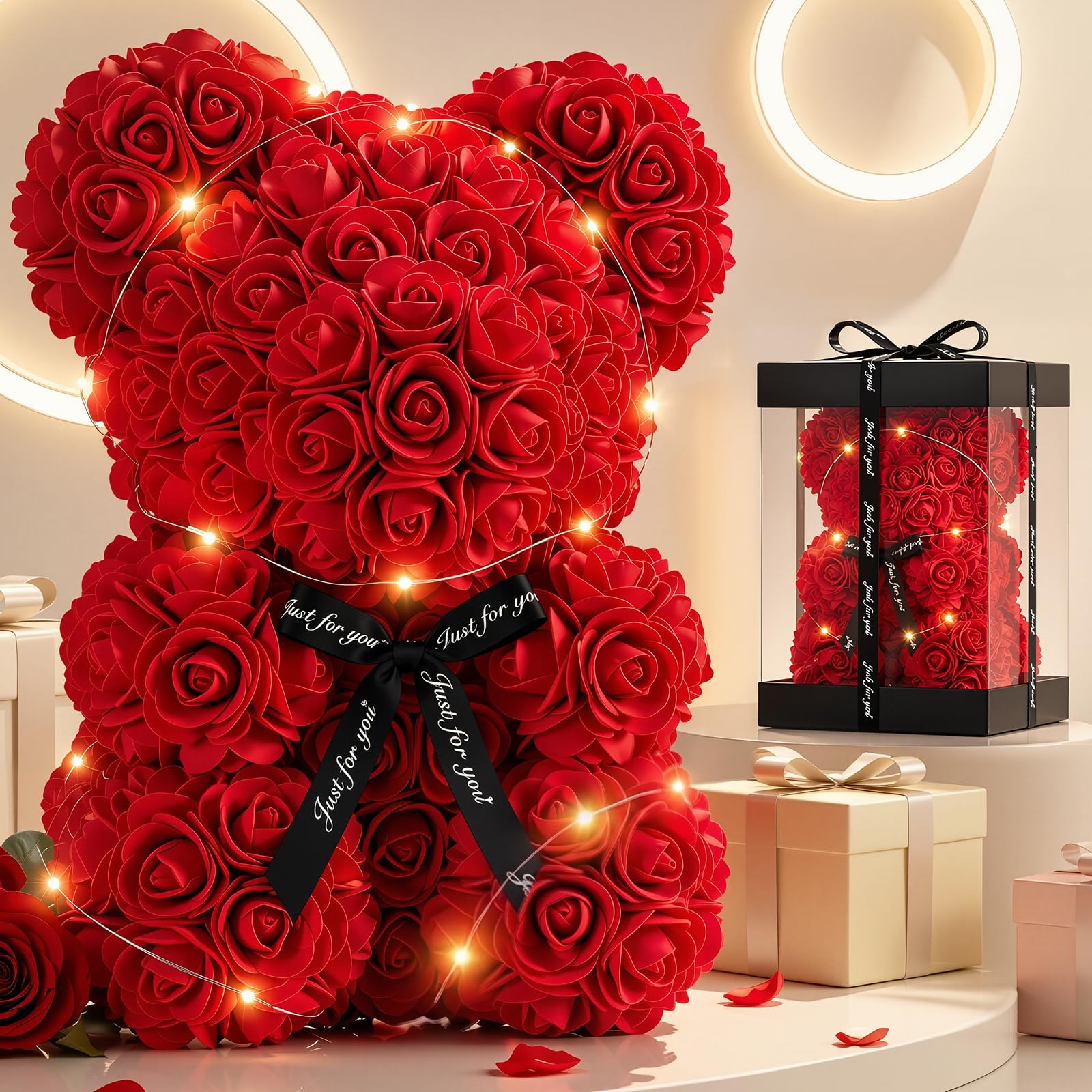 Otlonpe Preserved Artificial Roses Flowers Bear, Forever Women Gifts for Birthday Christmas Valentines Mothers Day, 9'' Red Rose Flower Small Bear Lamp in Box, Gifts for Women Mom Grandma Daughter