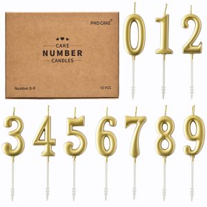 PHD CAKE 10-Pieces Gold Numeral Birthday Candles, Cake Numeral Candles Number 0-9 Glitter Cake Topper Decoration for Birthday,Wedding Anniversary,Party Celebration