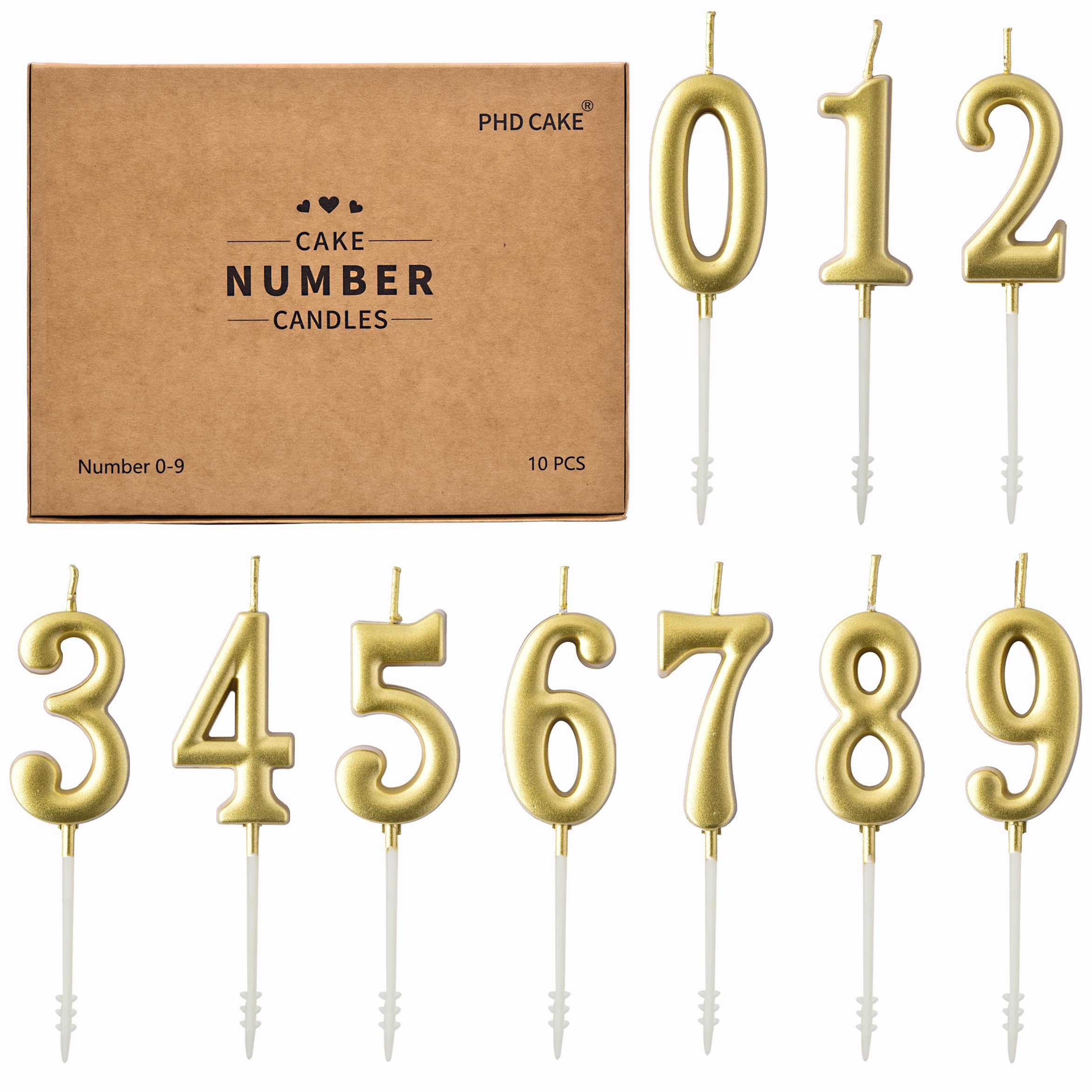 PHD CAKE 10-Pieces Gold Numeral Birthday Candles, Cake Numeral Candles Number 0-9 Glitter Cake Topper Decoration for Birthday,Wedding Anniversary,Party Celebration