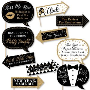 Funny New Year's Eve - Black & Gold Photo Booth Prop Kit, DIY Setup - 10pc