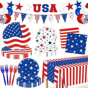 Labor Day Decorations, 119PCs Veterans Day Party Supplies-Serves 24 with 4th of July Plates and Napkins Tablecloth and USA Banner Forks Balloons for Veterans Day Decorations 4th of July Decorations