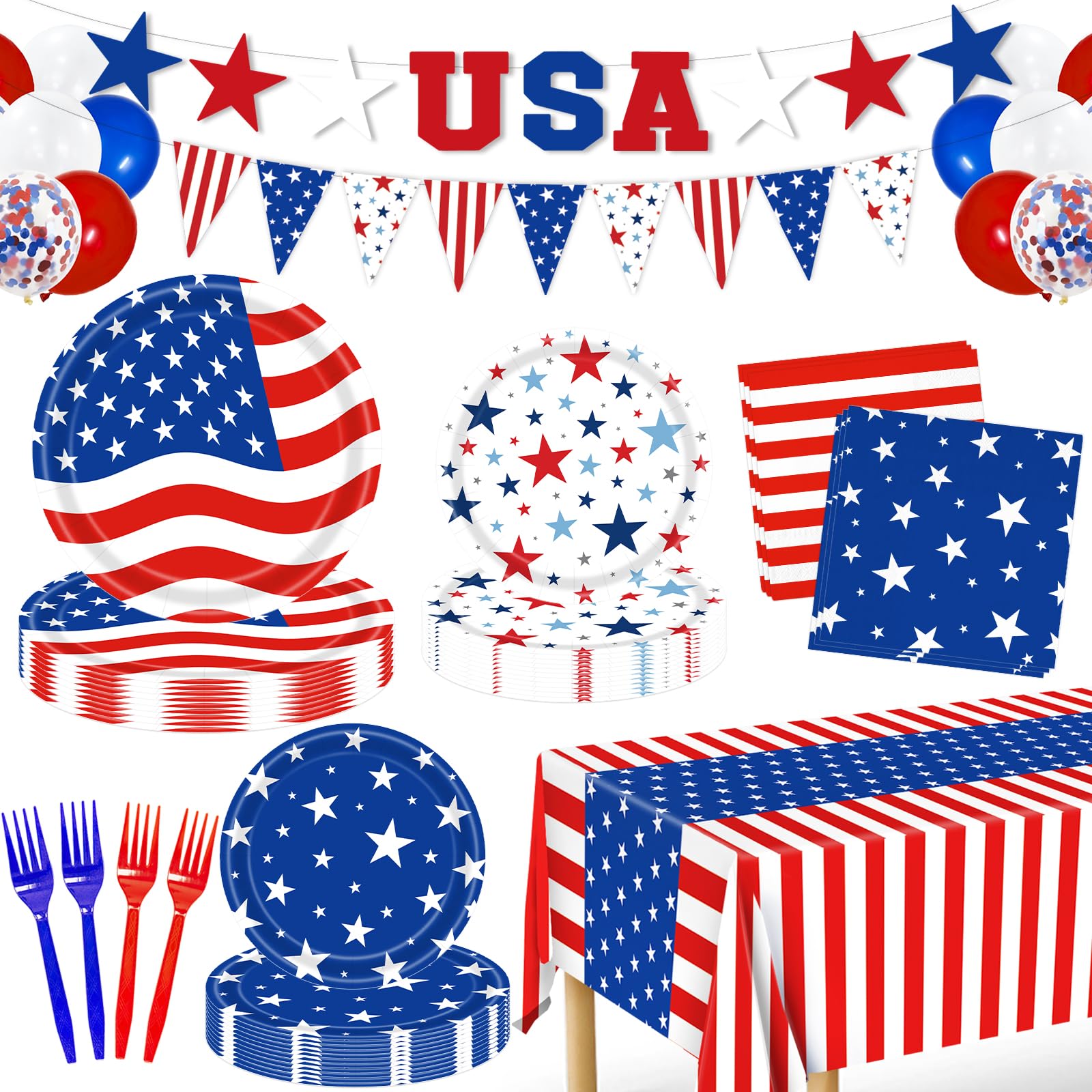 Labor Day Decorations, 119PCs Veterans Day Party Supplies-Serves 24 with 4th of July Plates and Napkins Tablecloth and USA Banner Forks Balloons for Veterans Day Decorations 4th of July Decorations