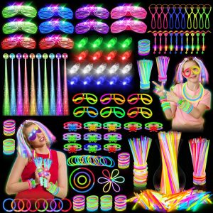 OLUPP Glow In The Dark Party Supplies, 264 PCS Light Up Favors with LED Glasses, Glow Sticks, Finger Lights, LED Hair Clips, Slingshot, Glasses Molds, Butterfly Bracelet for Neon,Raves, Halloween, NY