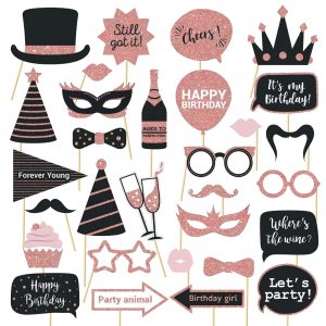 Party Birthday Photo Booth Props, 30Pcs Set of Happy Birthday Selfie Party Supplies with Real Glitter Cute Bday Designs for Women or Girls,Easy to Assemble(Rose Gold)