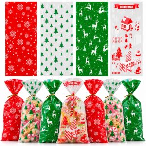 Yixiang 200 PCS Christmas Cellophane Goody Bags Assortment for Holiday Treats, Party Favors, Cello Candy Bags, Christmas Gifts, Party Supplies