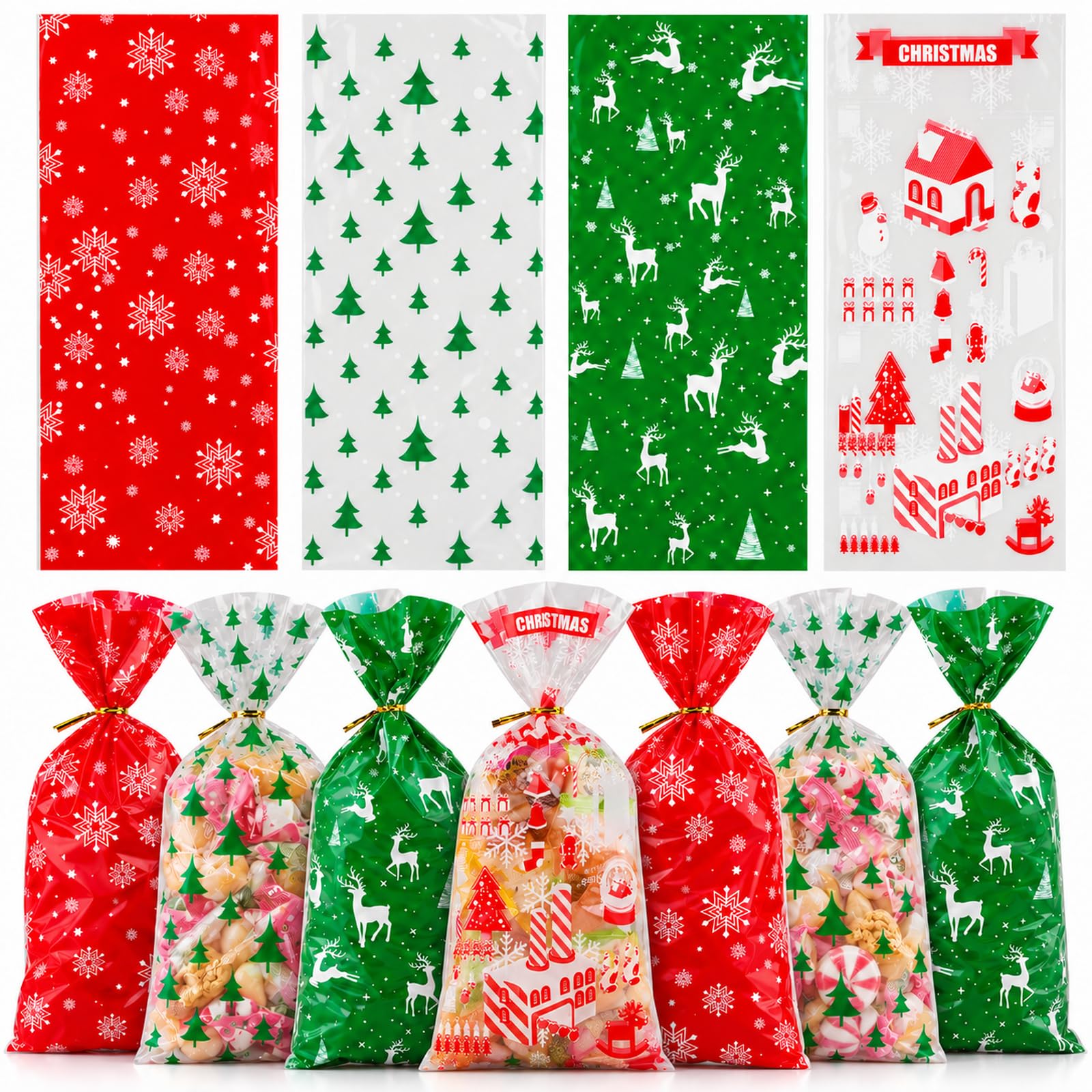 Yixiang 200 PCS Christmas Cellophane Goody Bags Assortment for Holiday Treats, Party Favors, Cello Candy Bags, Christmas Gifts, Party Supplies