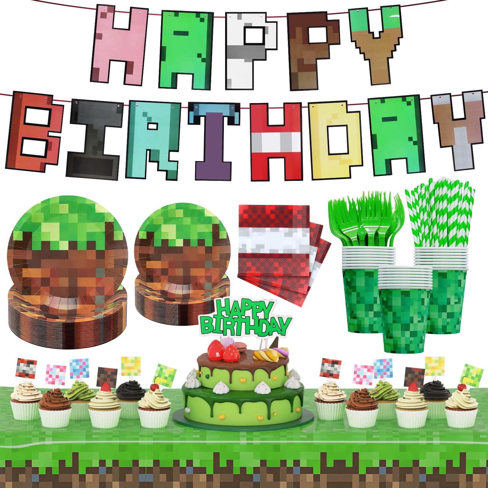 183Pcs Pixel Birthday Party Decorations, Pixel Game Theme Party Supplies Kit, Including Banner, Tablecloth, Plates, Napkins, Cups, Forks, Cake Toppers, Drinking Straws, Serves 24 Guests