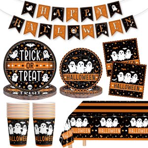 82 Pcs Halloween Plates and Napkins - Disposable Halloween Ghost Paper Plates Napkins Cups Tablecloth Banner Tableware Set for Halloween Party Decorations Supplies, Serve20