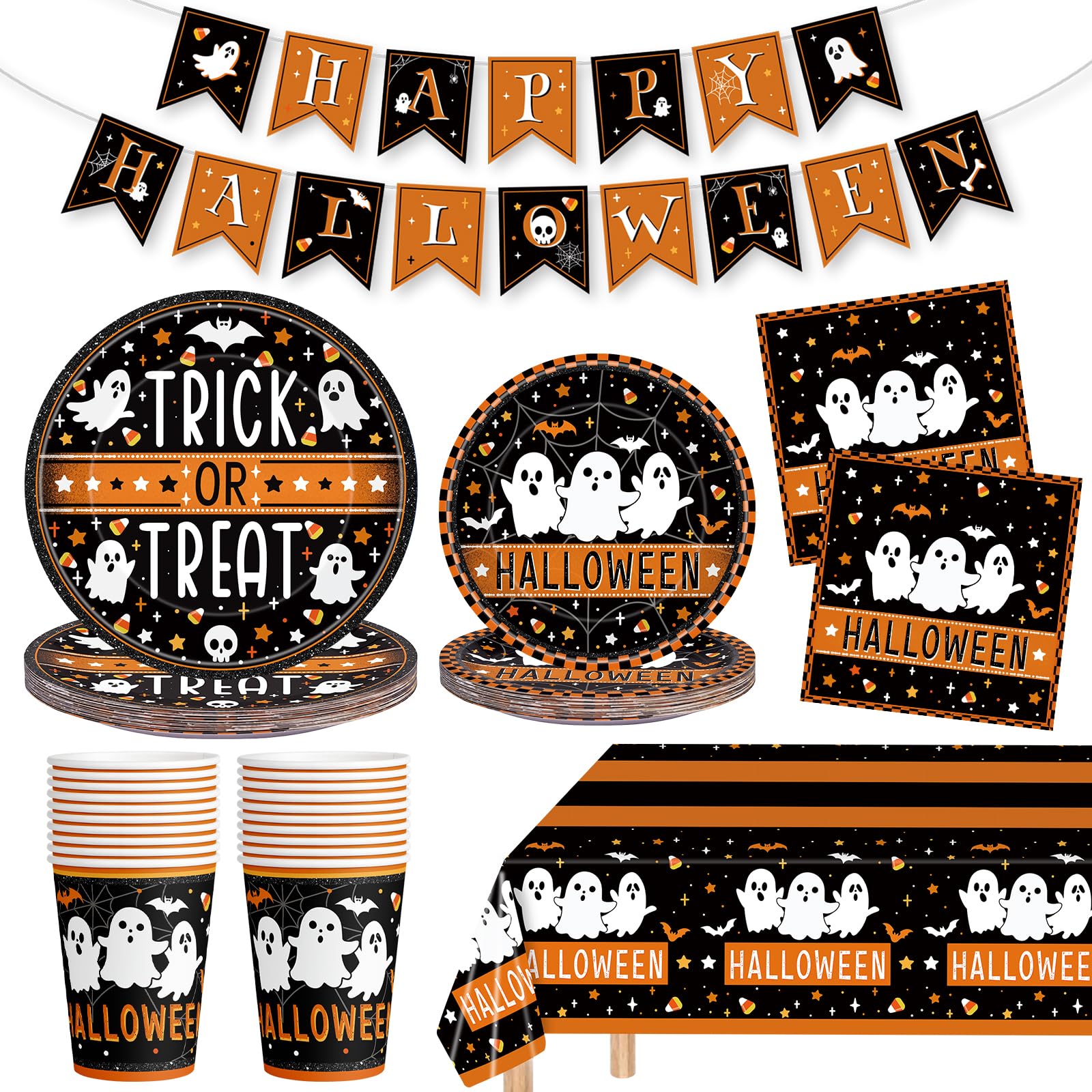 82 Pcs Halloween Plates and Napkins - Disposable Halloween Ghost Paper Plates Napkins Cups Tablecloth Banner Tableware Set for Halloween Party Decorations Supplies, Serve20